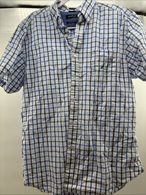 Nautica White and Blue Plaid Short-Sleeve Button-Down Shirt